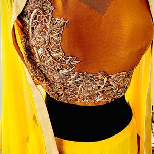 Georgette Yellow Brown Lehenga Choli, 100% Handwor